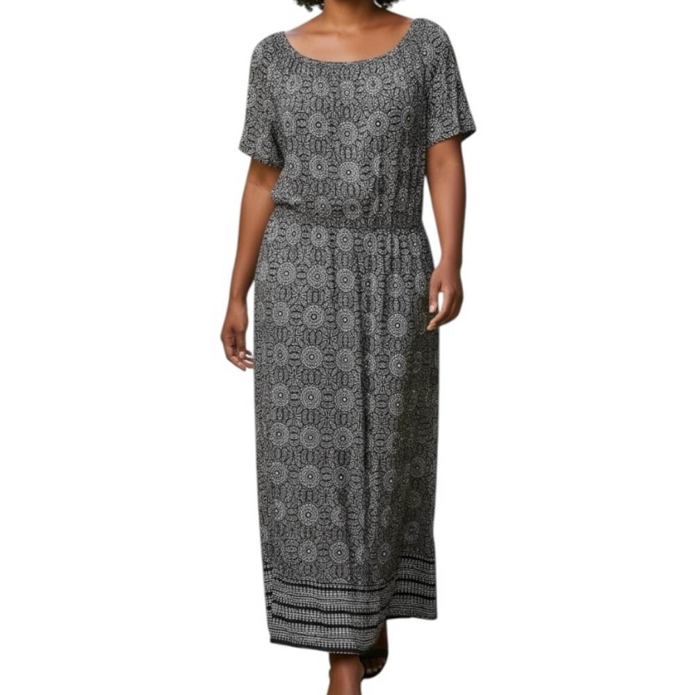 Tacera 1X Black White Mandala Print Slinky Maxi Dress Plus Size